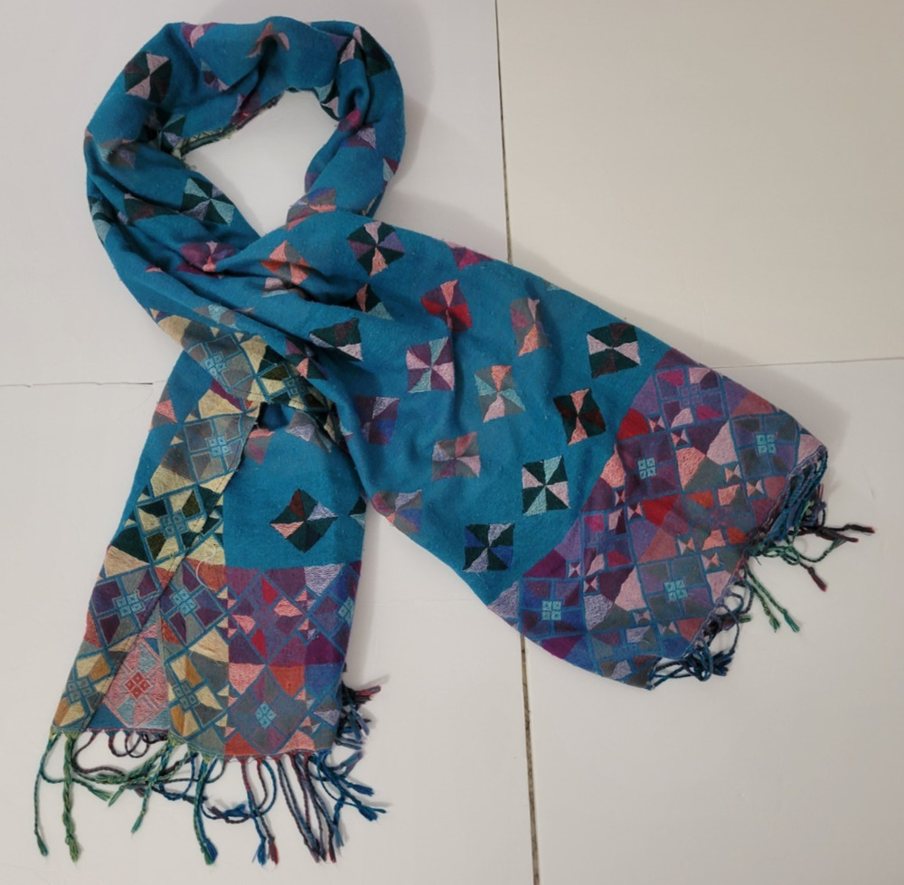 Womens Teal Geometric Scarf Multicolor Pinwheel Diamond Pattern Fringe Boho